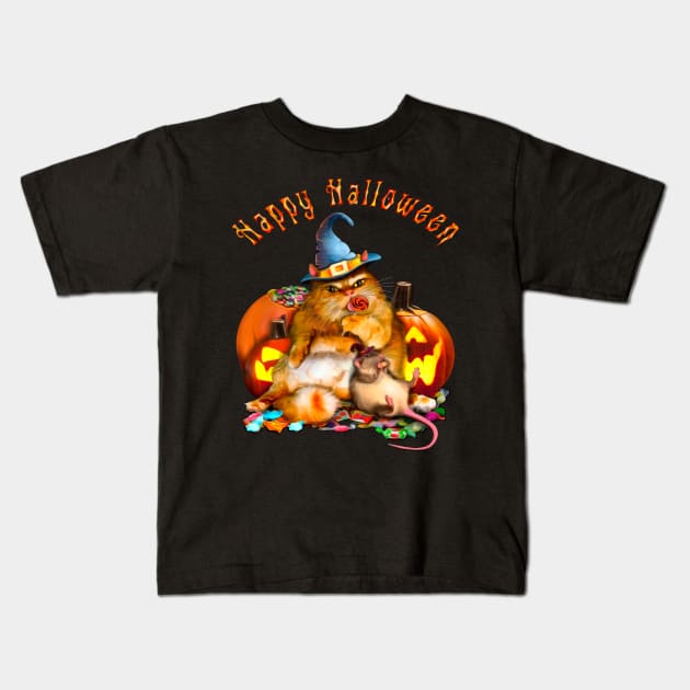 Happy Halloween Cat and Rat are eating sweets among pumpkins Kids T-Shirt by SafSafStore